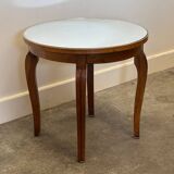 French Art Deco side table, 1930s vintage round wooden table with mirrored top