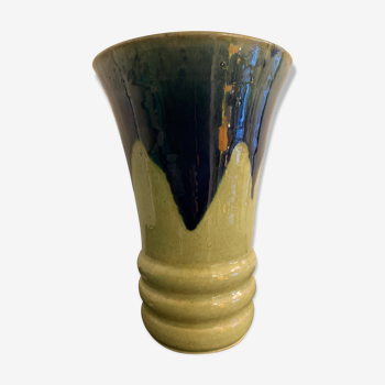 Blue flared ceramic vase flared blue, green yellow