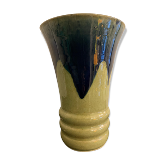 Blue flared ceramic vase flared blue, green yellow