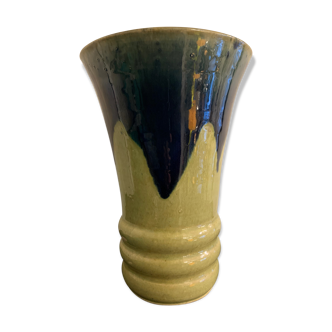 Vase en céramique émaillée évasé bleu, jaune vert