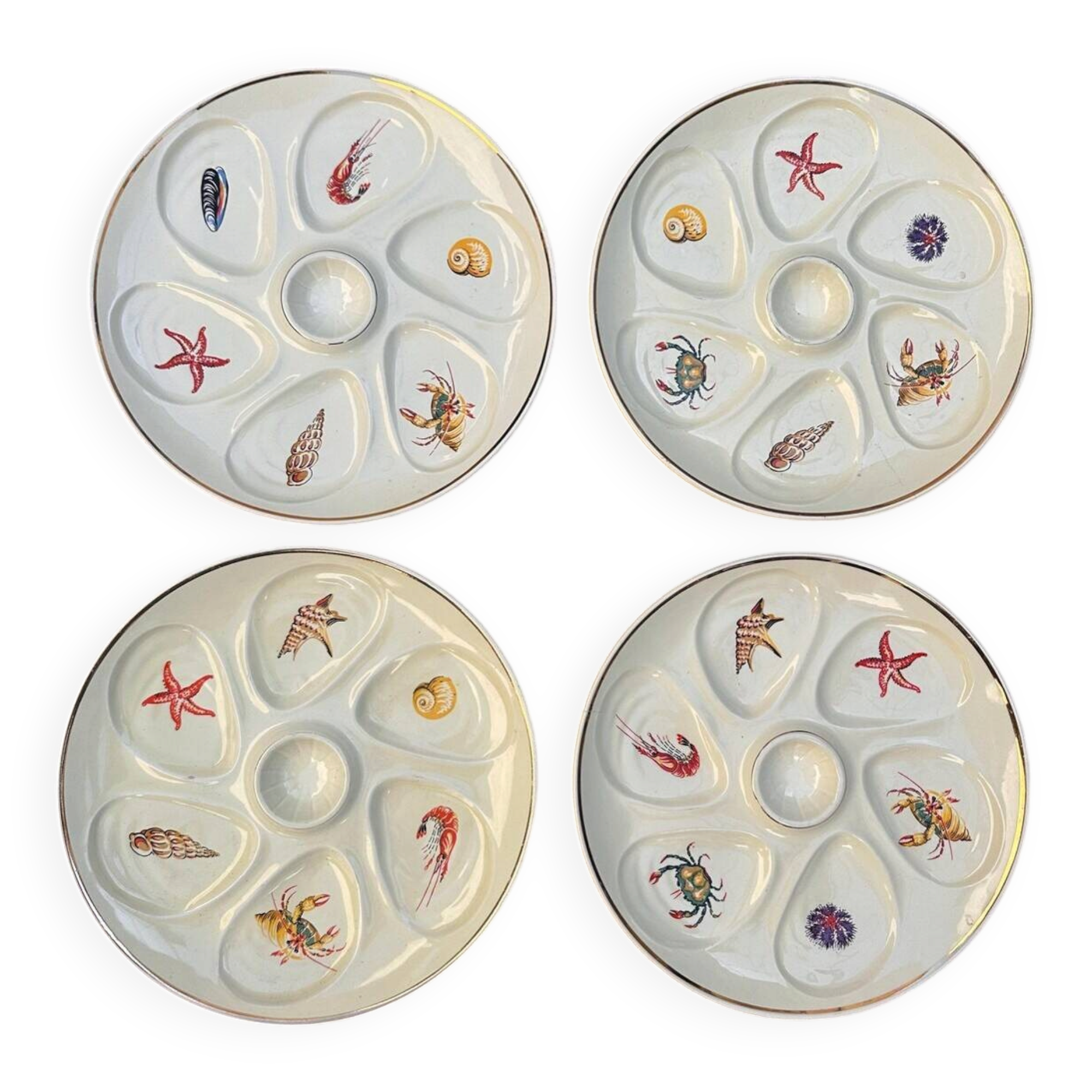 Vintage cream oyster plates Salins France seafood marine decor