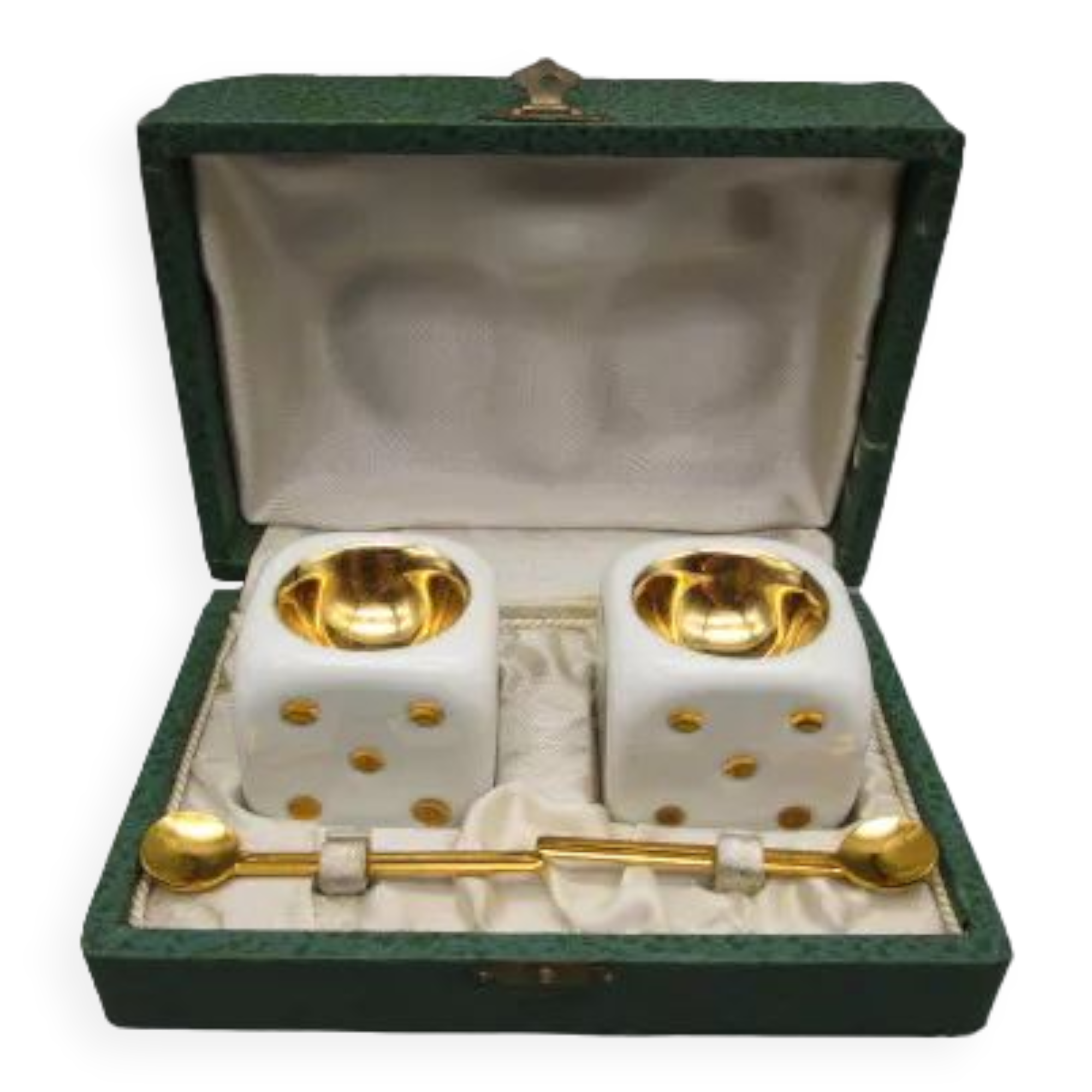 Pair of vintage porcelain salerons, shape dice to play - in case