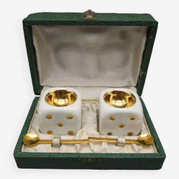 Pair of vintage porcelain salerons, shape dice to play - in case