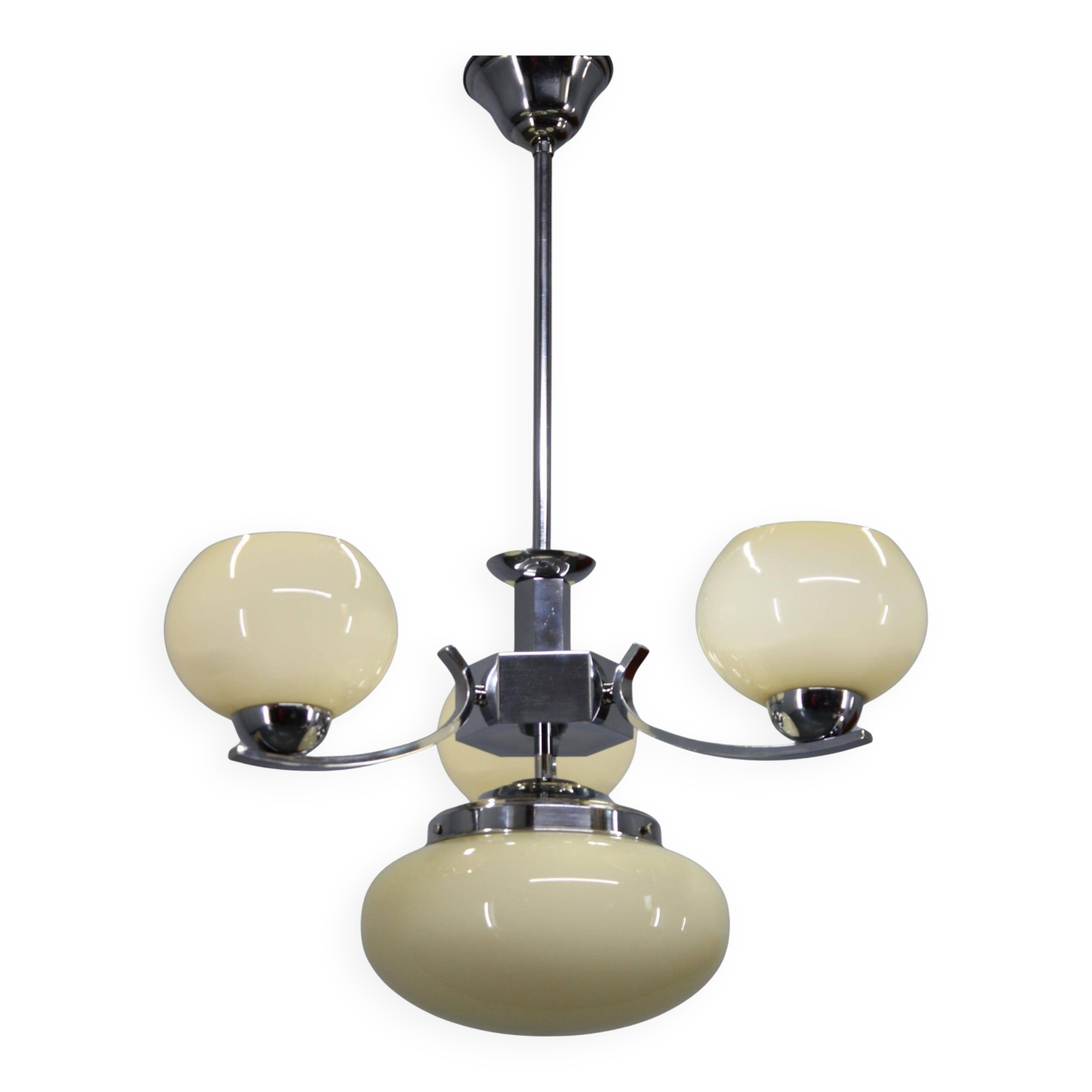 Art Deco chandelier, chrome and champagne glass, Czechoslovakia, 1930s