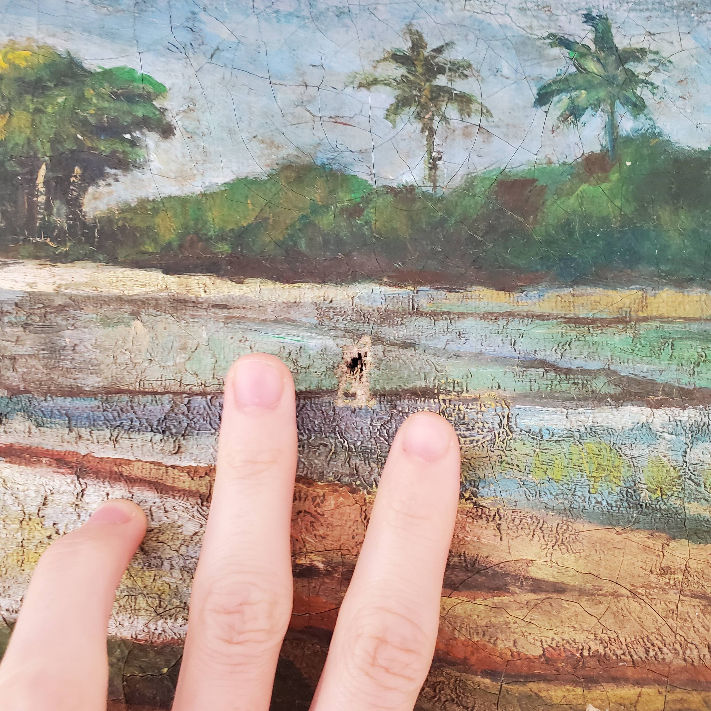 Tableau ancien peinture paysage de rizières et montage