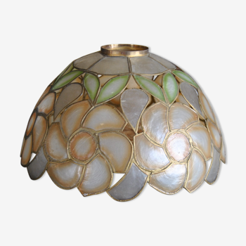 Lampshade in mother-of-pearl decoration flowers shade of green and orange years 60/70
