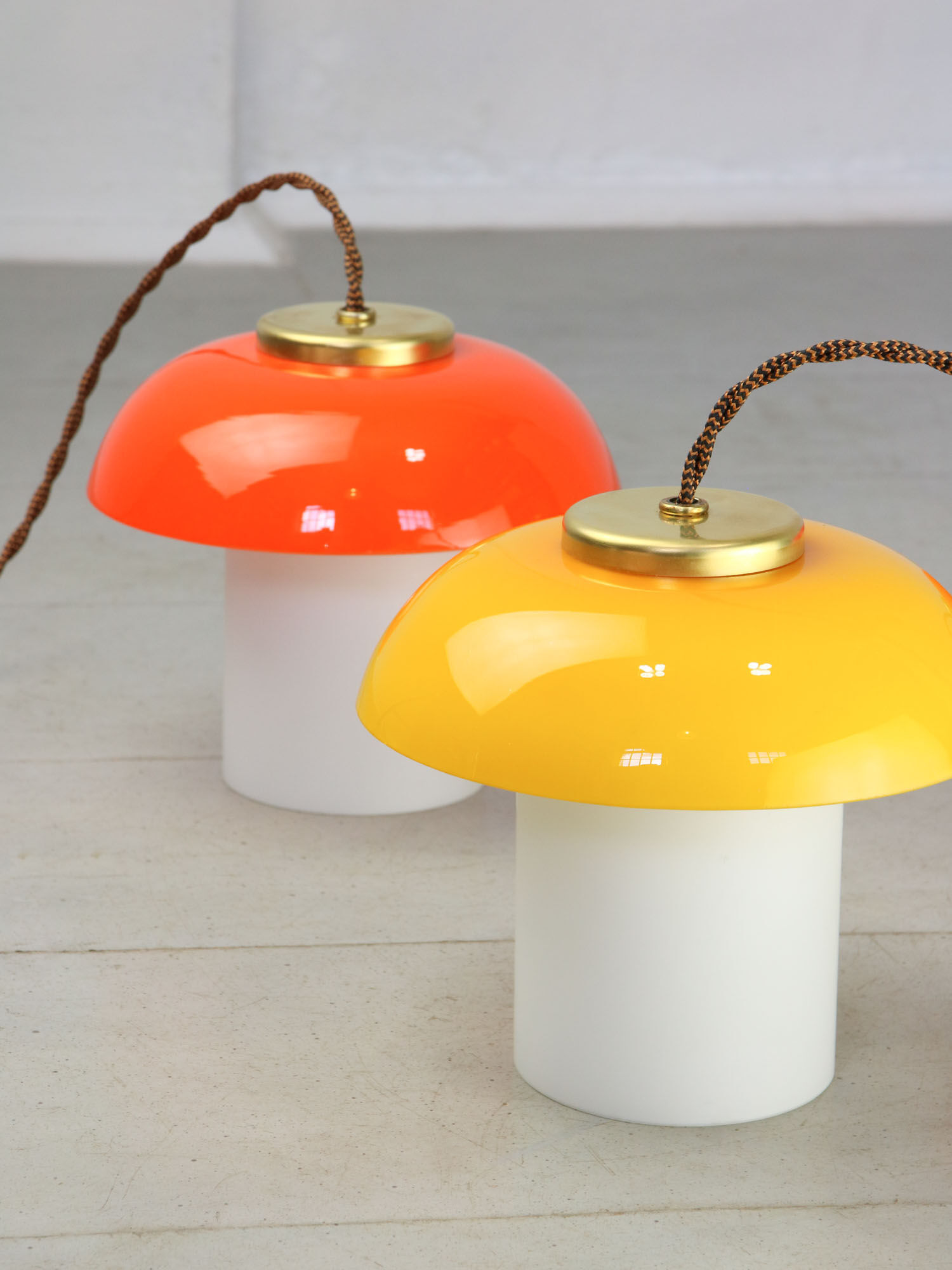 Mid-century Glass & Brass Mushroom Table Lamp, set of 2