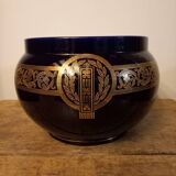 Cache-pot Sarreguemines ancien décor Empire bleu cobalt et or