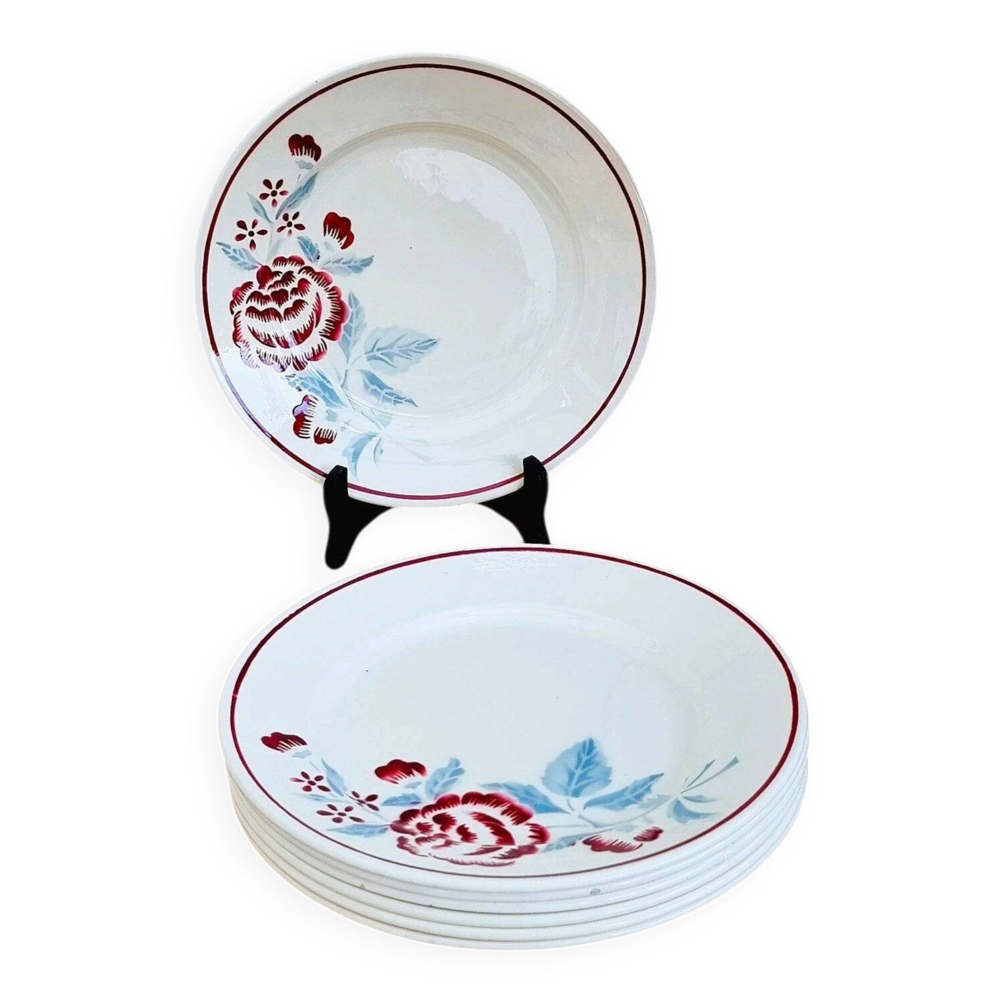 Set of 7 Badonviller Antibes plates with vintage floral decoration.