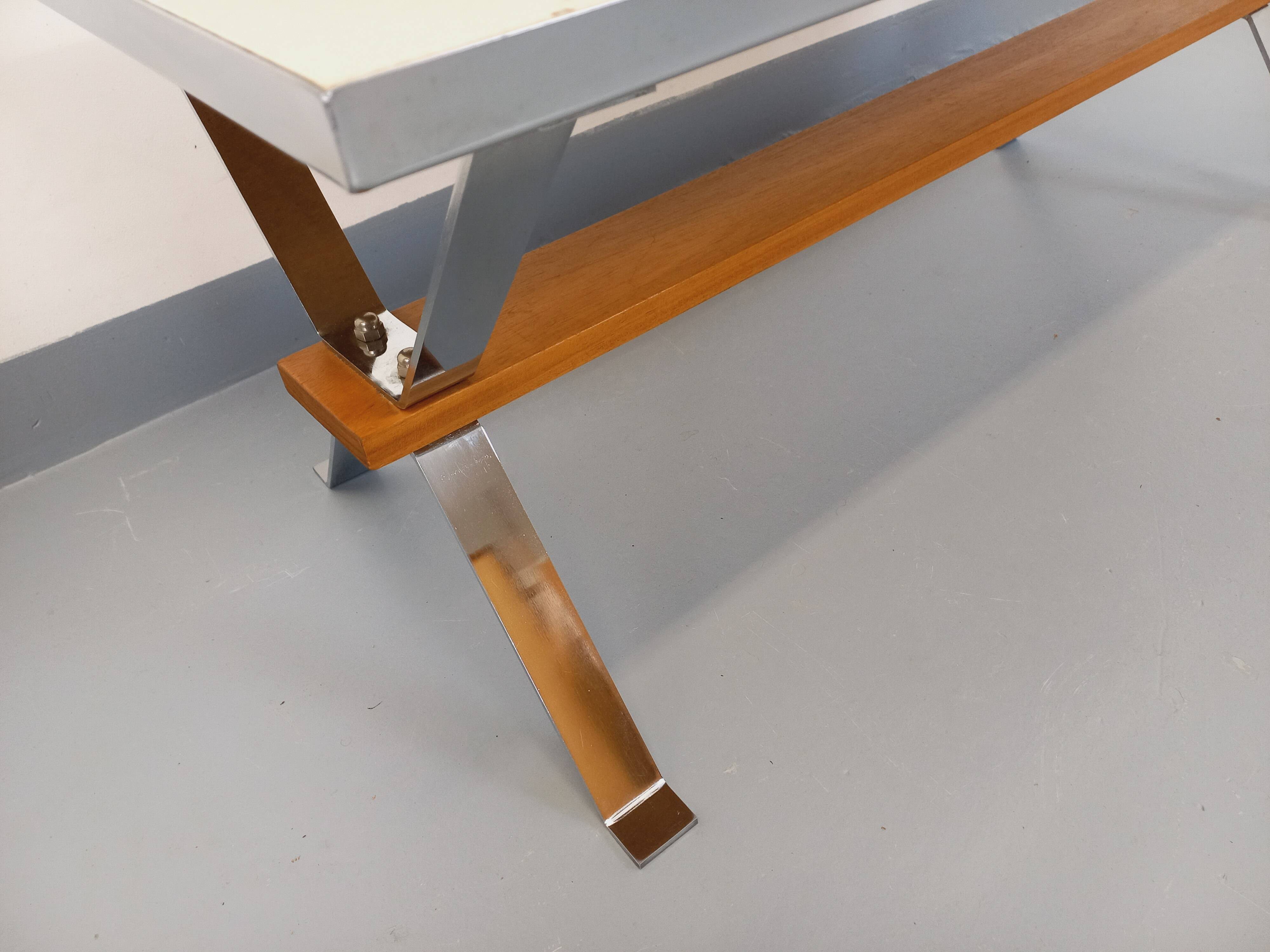 Vintage coffee table from the 60s and 70s in ceramic, chrome metal, and wood.