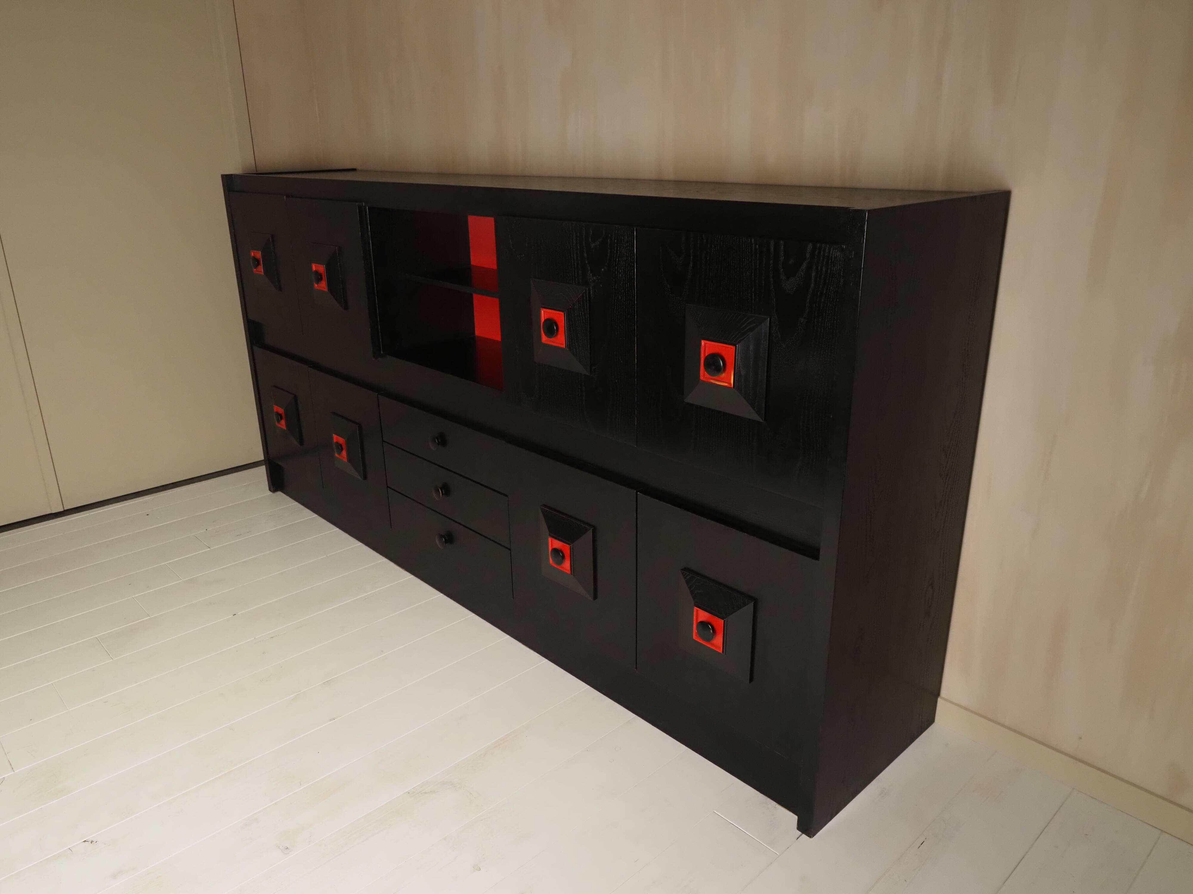 Brutalist Belgian buffet in black and red from the 1960s.