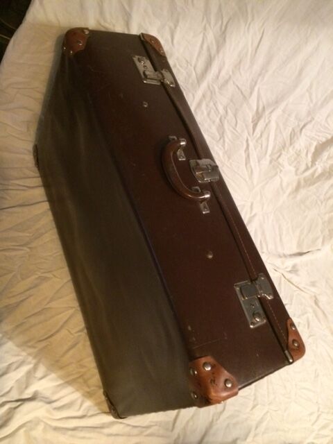 Suitcase vintage leather inside and brown carpeted home