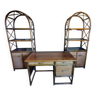 Set of 2 bookcases and 1 bamboo rattan desk