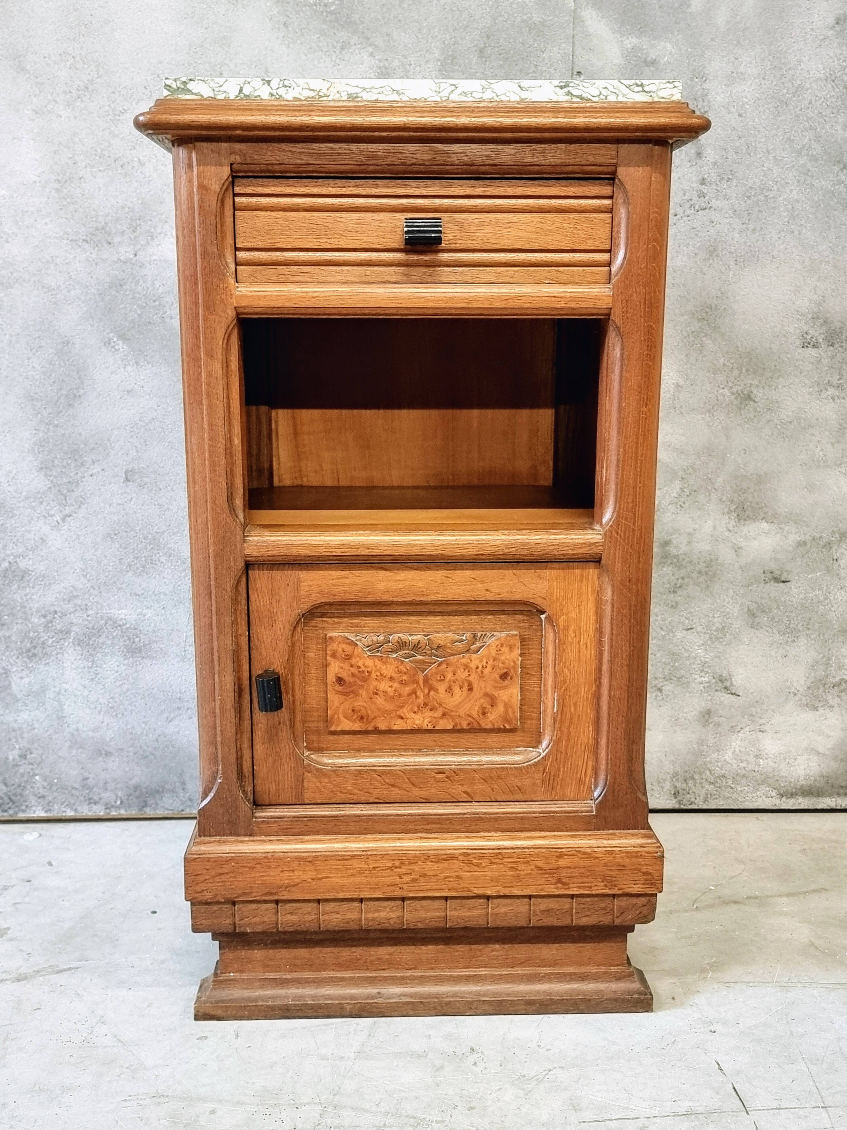 Antique Art Deco bedside table, oak entrance table with marble top