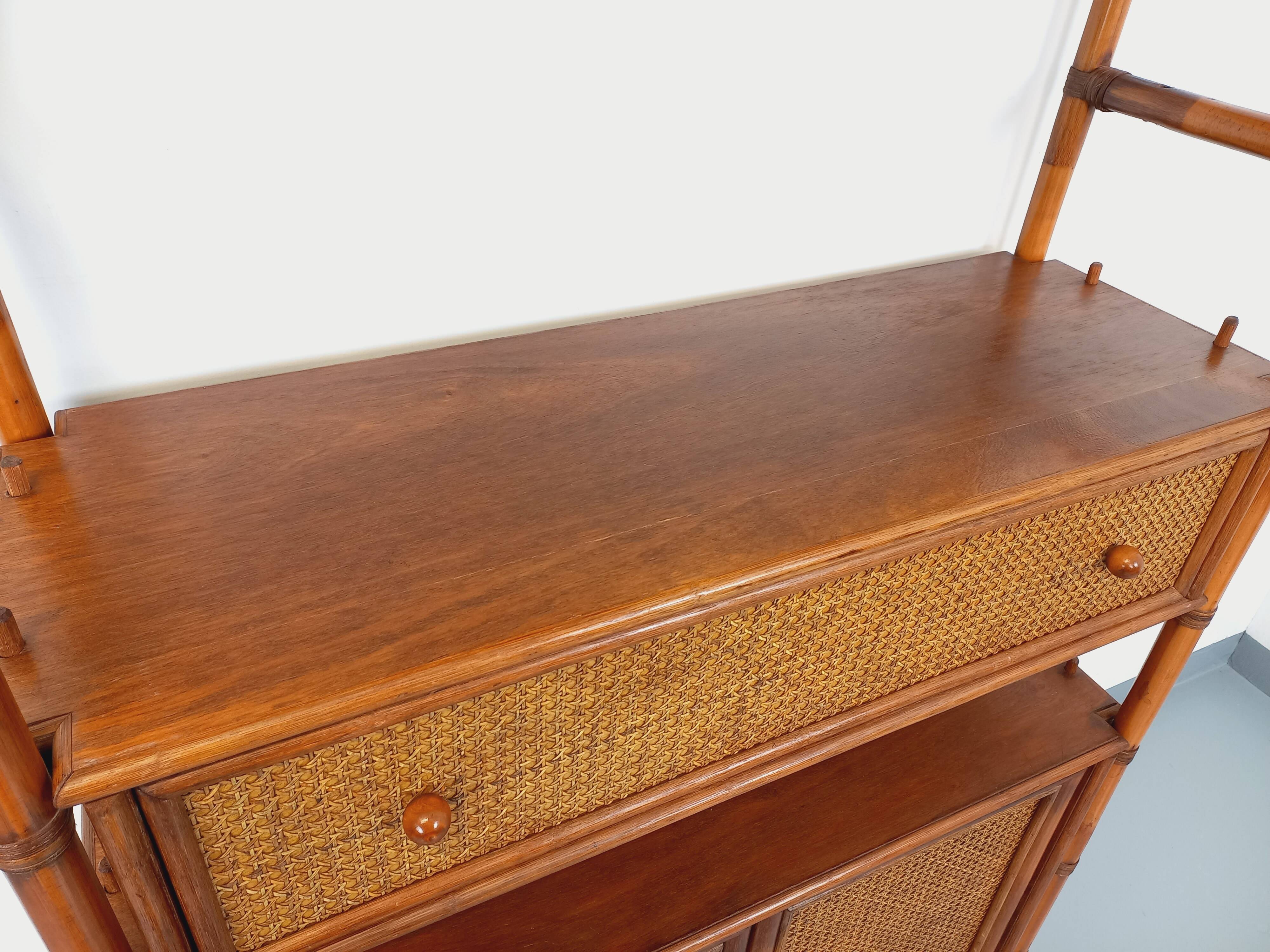 Large vintage rattan, wood and cane bookcase from the 70s