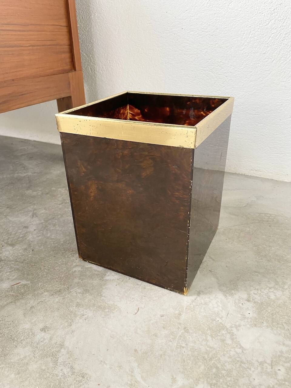 Tortoiseshell, resin and brass trash can from the 50s