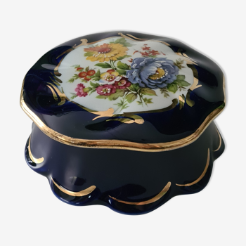 Blue Limoges porcelain candy box with floral decoration