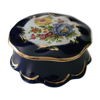 Bonbonnière porcelaine de limoges bleu décor floral