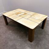 1970s travertine coffee table with sculptural top and solid oak base