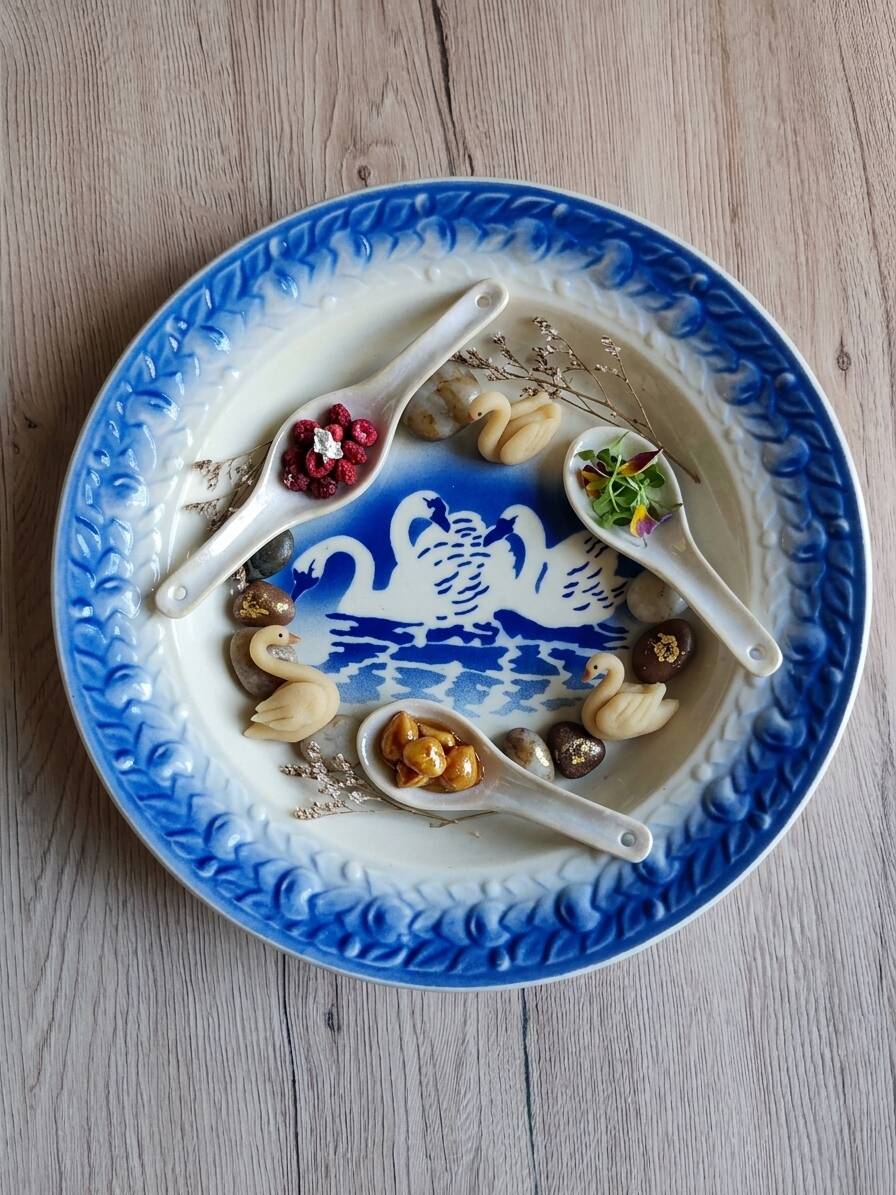 Hollow plate Moulin des Loups Hamage France, blue and white swan decoration.