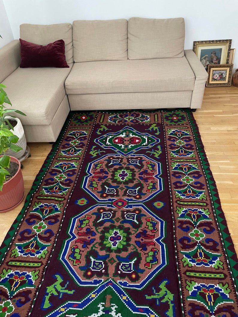 Handwoven vintage accent geometrical rug, colorful wool, wine colour with green and blue accents