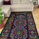 Handwoven vintage accent geometrical rug, colorful wool, wine colour with green and blue accents