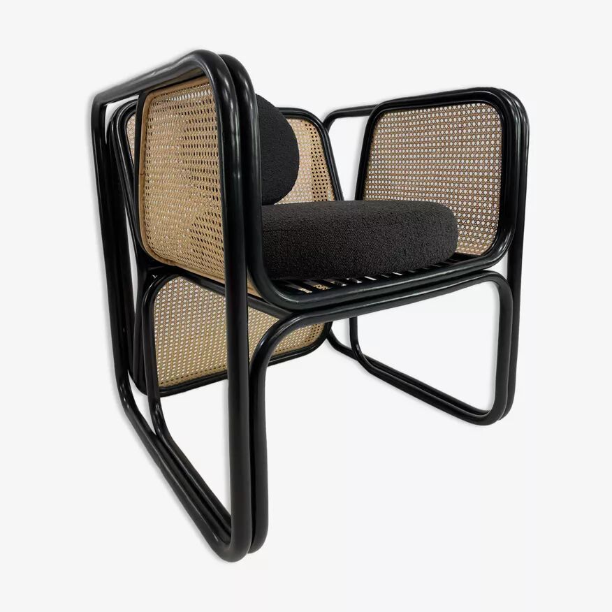 Cubic armchair in black rattan and canework