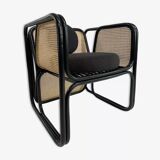 Cubic armchair in black rattan and canework