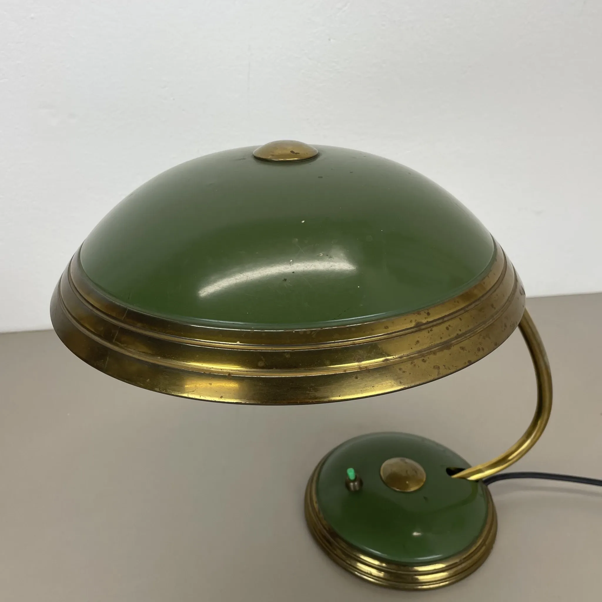 German green bauhaus table lamp in brass and metal by helo lights, germany, 1950s