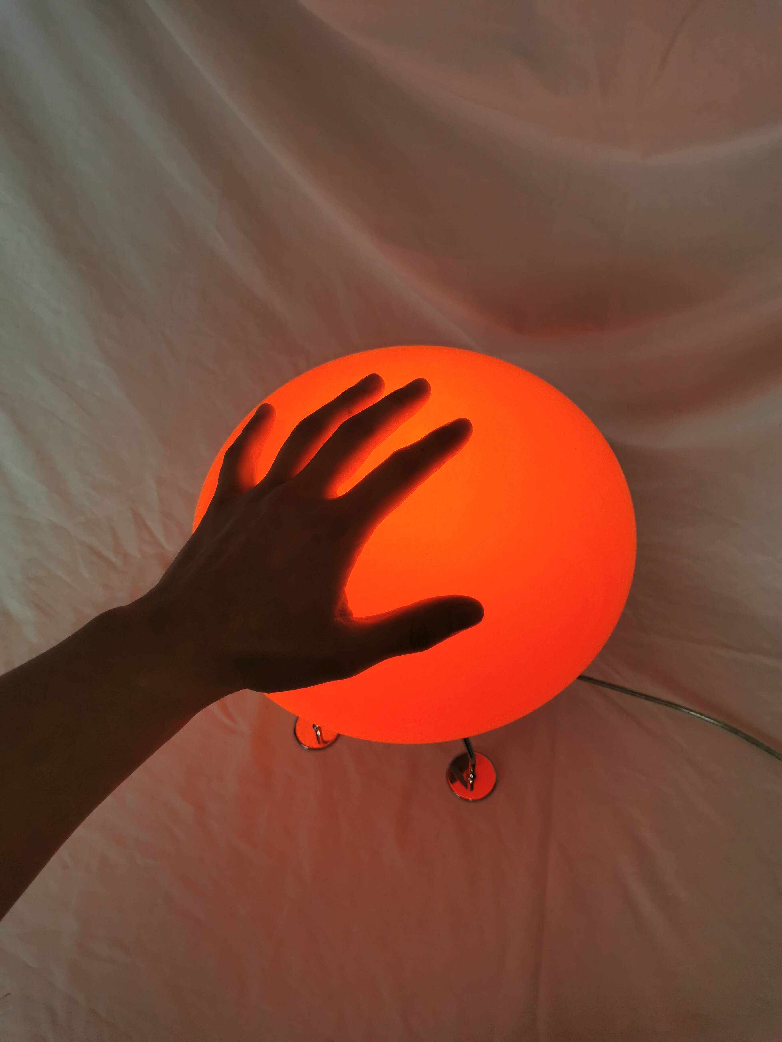 Red ufo mushroom lamp, space age, opaline and chrome steel.