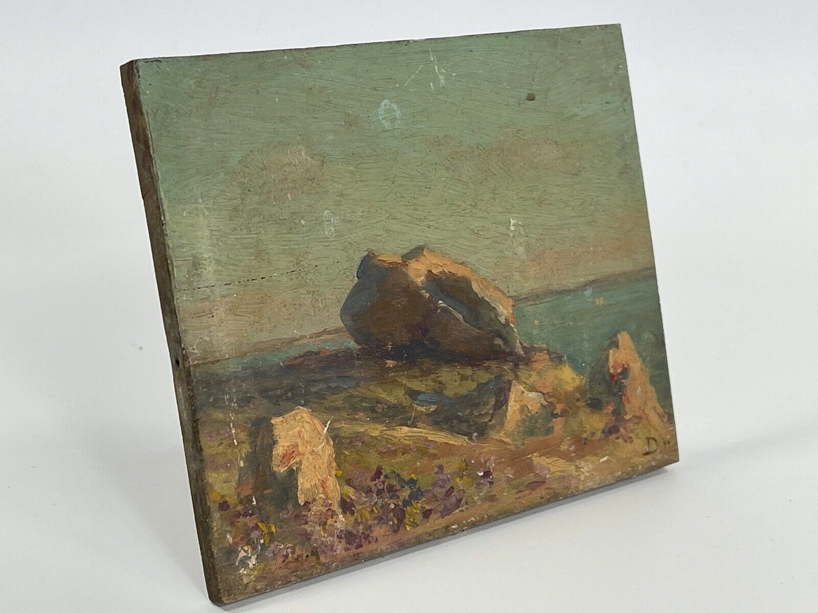 Oil on wood panel marine theme XlXth view of brittany