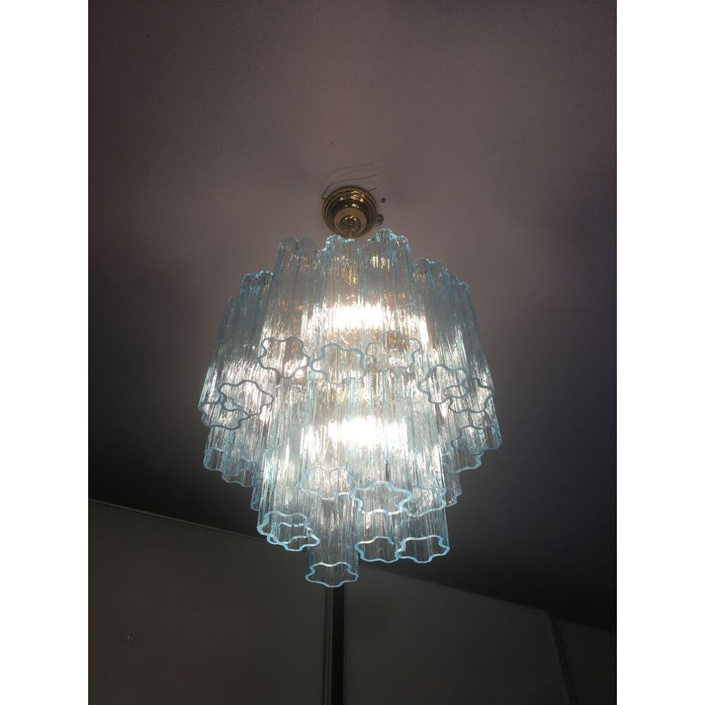 Light blue “tronchi” murano glass chandelier