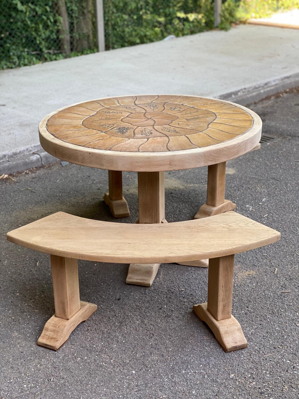 Renovated vintage Barrois dining table with 2 solid oak benches