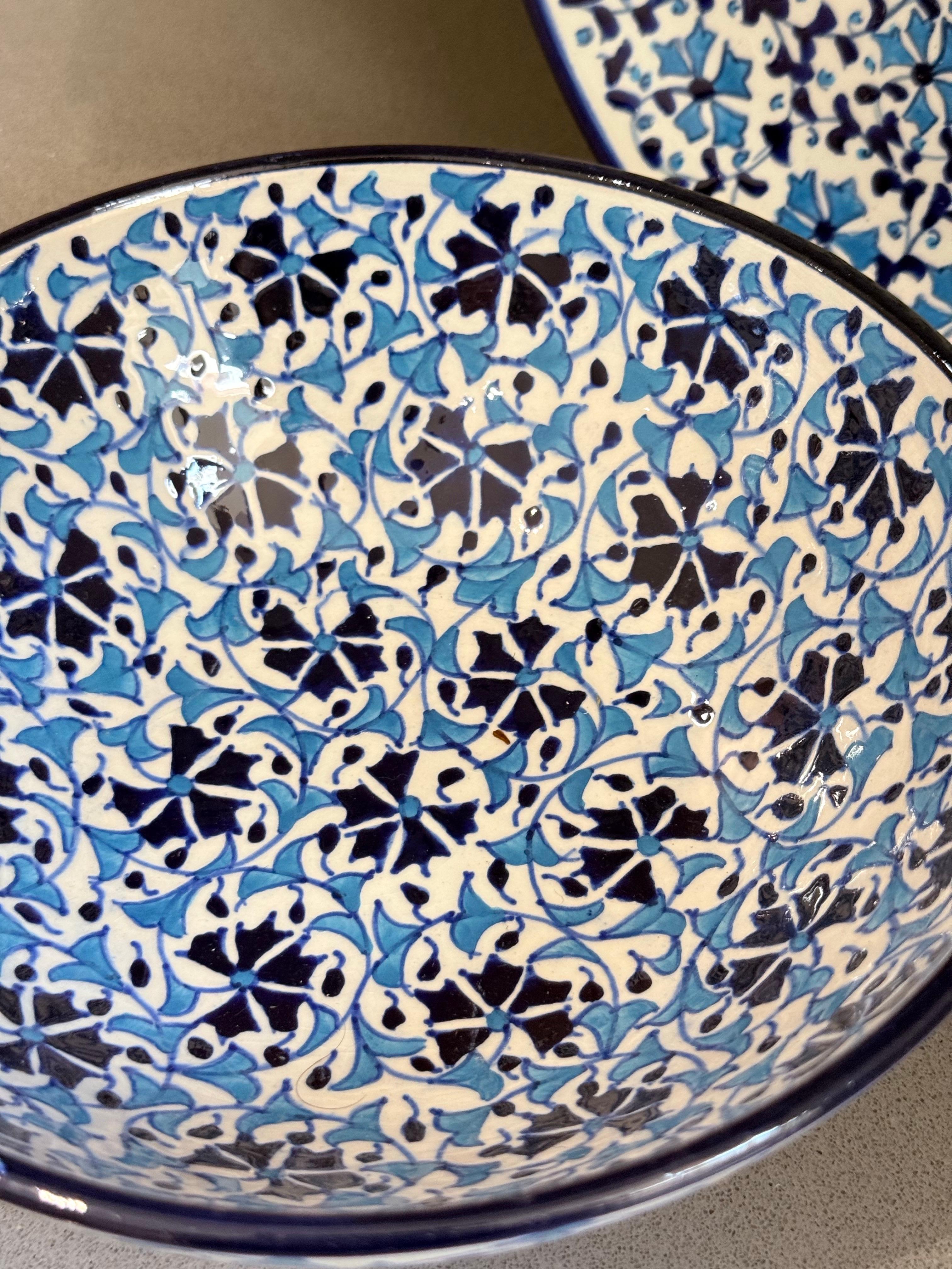 Handcrafted Turkish Ceramic Bowl and Plate Set, Blue Floral Iznik Plate