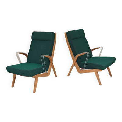 Paire de fauteuils ULUV bois et tissu vert bouclette