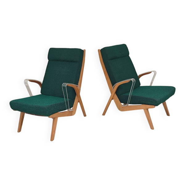 Paire de fauteuils ULUV bois et tissu vert bouclette