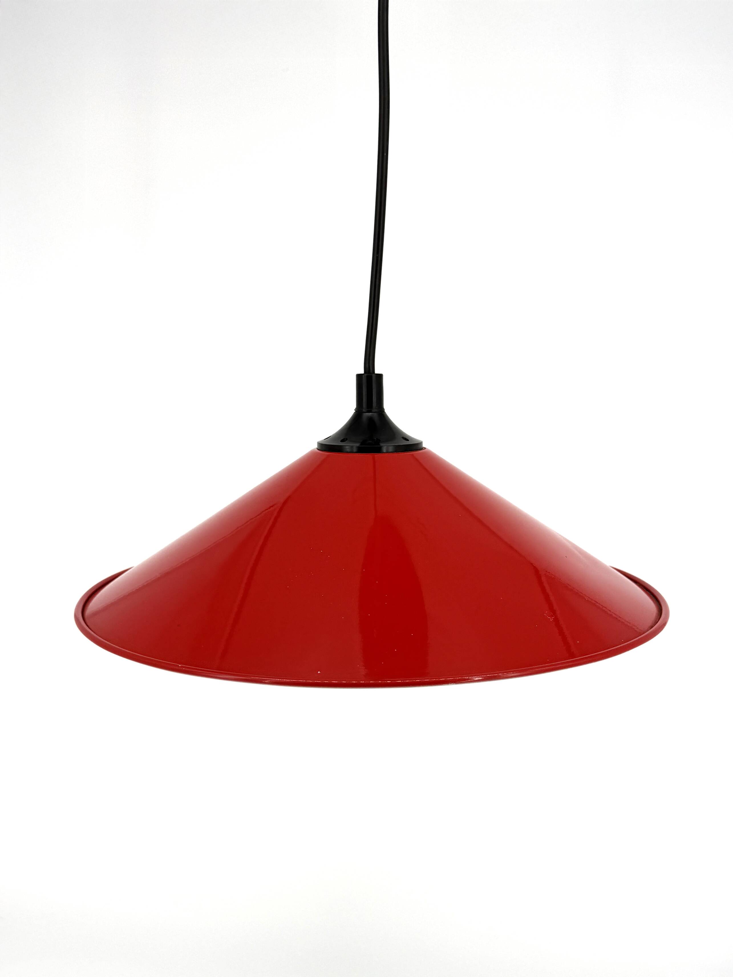 Red conical pendant light in enamelled metal