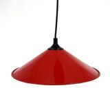 Red conical pendant light in enamelled metal