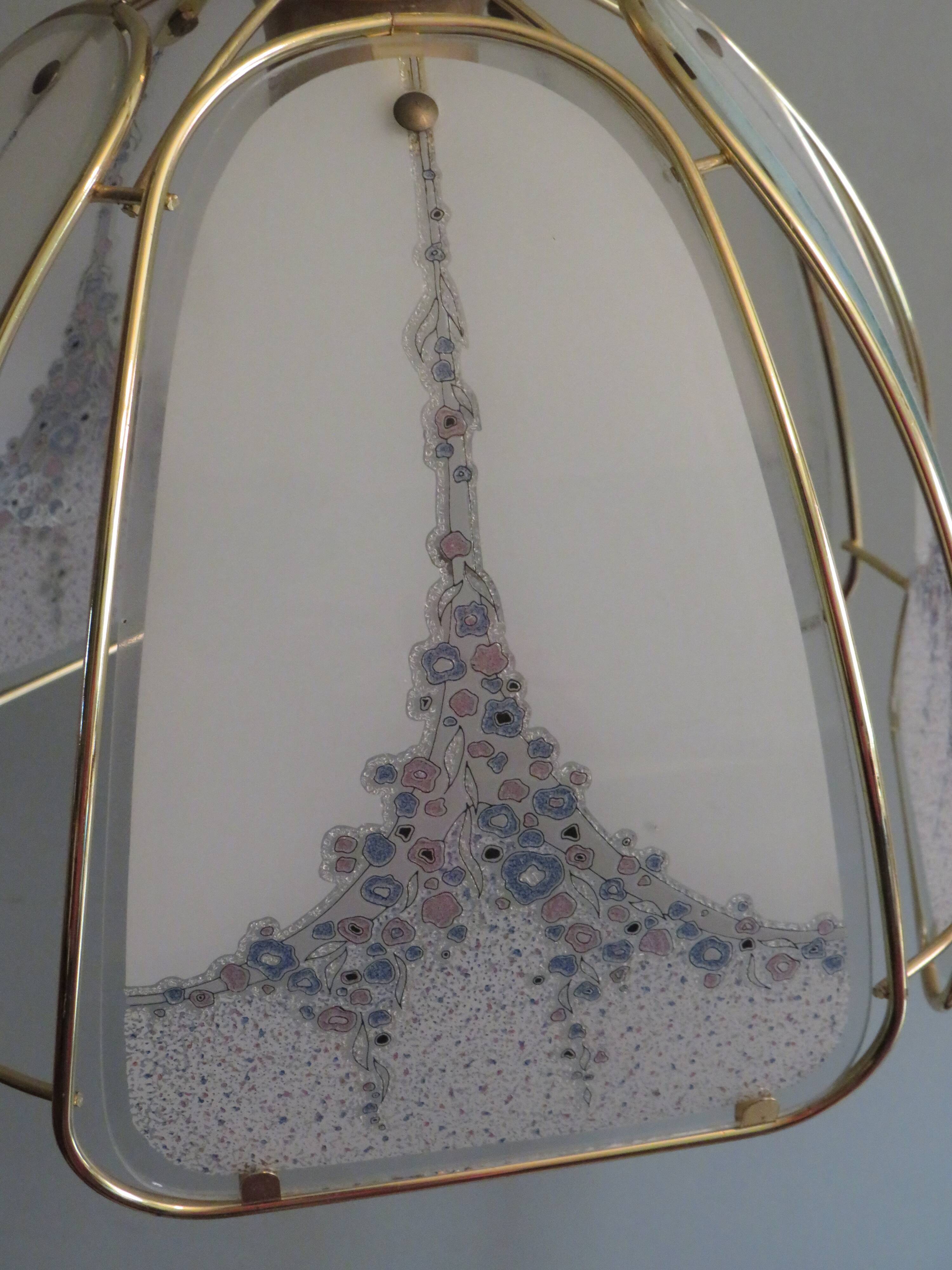 Gold metal pendant lamp and Murano glass panels by Eglo Leuchten Austria 1970