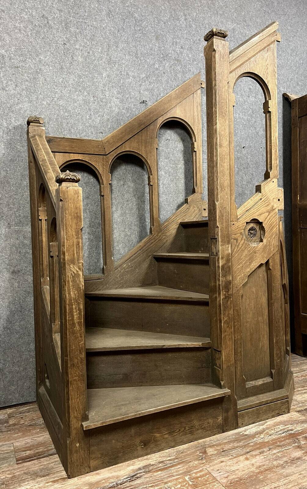 Gothic style church pulpit staircase in solid oak, 19th century