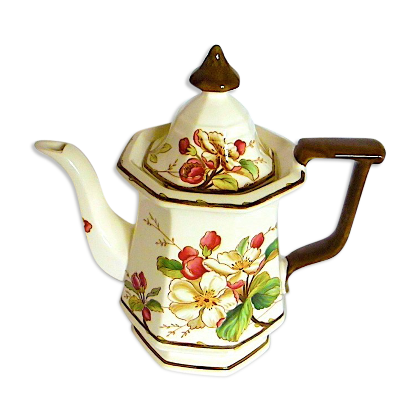 Coffee maker in earthenware decorated with hawthorn flowers, from the house Villeroy--Boch, model "Portobello"
