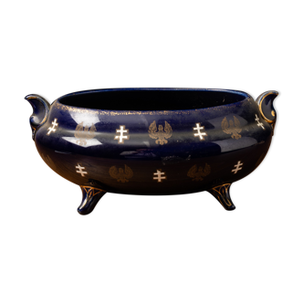 Beautiful 'Luneville' Blue Pot Decorated with a Crest and a Gold Finish