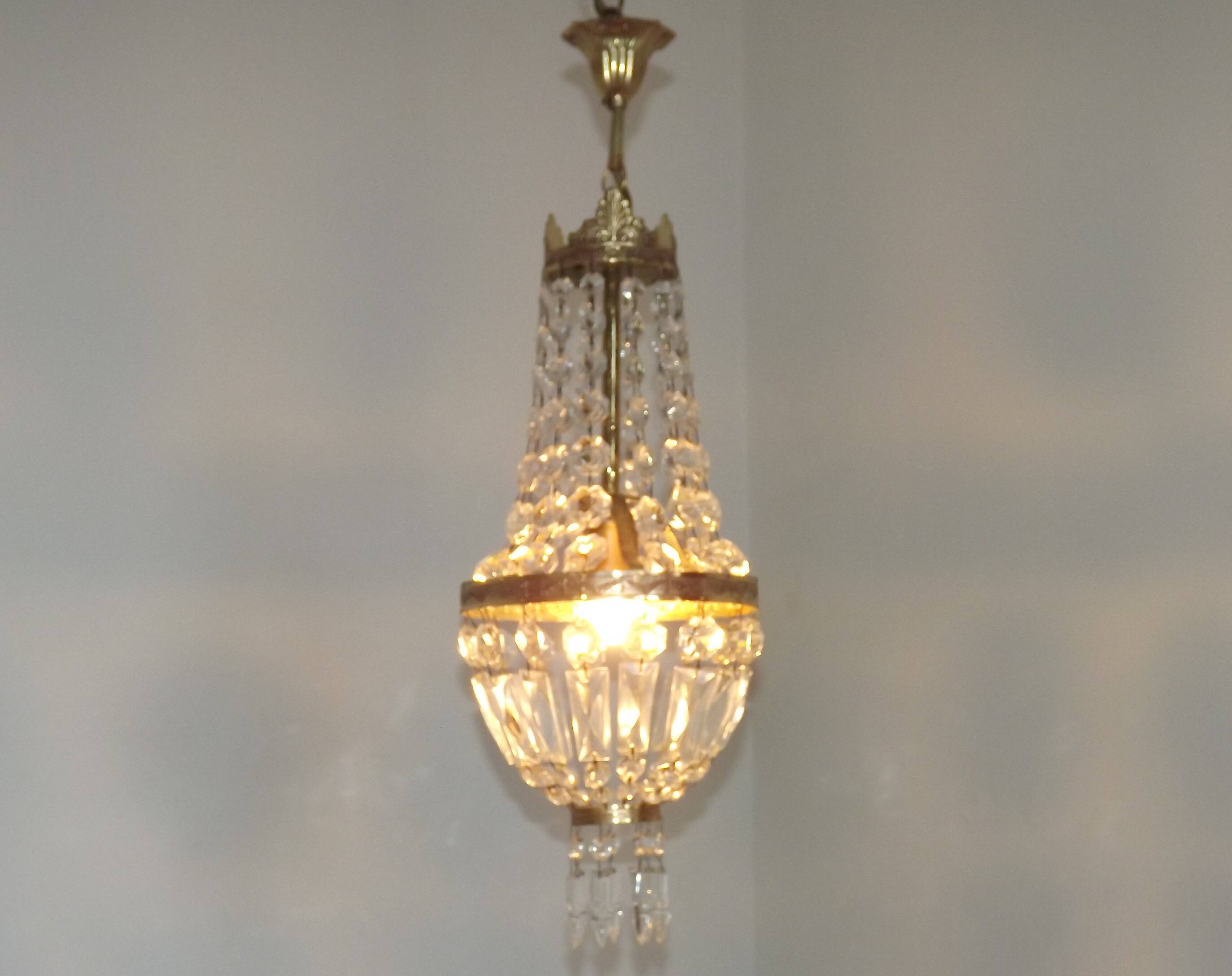 French Empire Style Bronze Single Montgolfier Crystal Basket Chandelier
