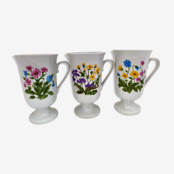 three large vintage mugs in ceramic or mazagrans with handles decorated flowers blue / pink / yellow e green