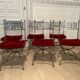 6 chaises curule en fer forgé avec assise en velours rouge