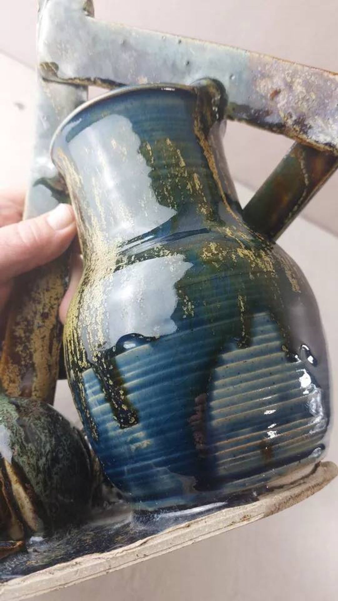 Old terracotta vase, pumpkin decoration, wood, to be identified