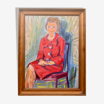 Portrait à l’huile femme en rouge des années 1950, signé