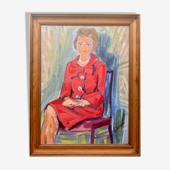 Vintage Oil Portrait Woman In Red 1950s, Signed