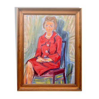 Portrait à l’huile femme en rouge des années 1950, signé