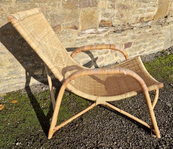 Chaise longue transat en osier rotin annèes 70/80